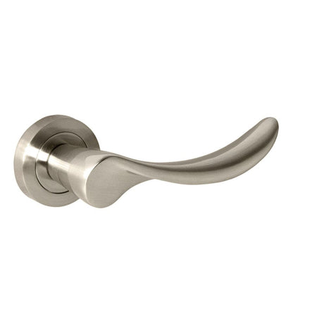High quality image of Mediterranean Malaga Lever on Round Rose - Satin Nickel | Sku. m27sn | available to order from Trade Door Handles in Kendal.