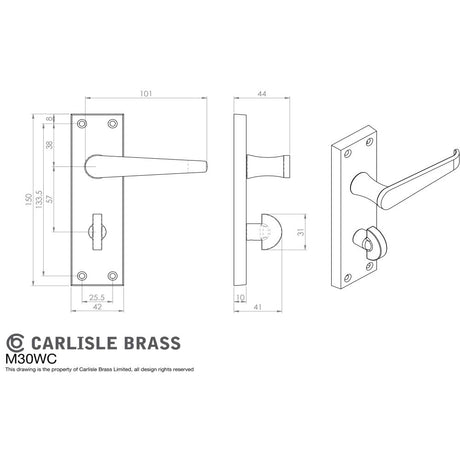 This image is a line drwaing of a Carlisle Brass - Victorian Lever on WC Bathroom Backplate - Polished Chrome available to order from Trade Door Handles in Kendal