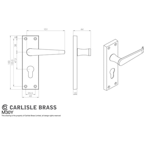 This image is a line drwaing of a Carlisle Brass - Victorian Lever on Euro Lock Backplate - Polished Brass available to order from Trade Door Handles in Kendal