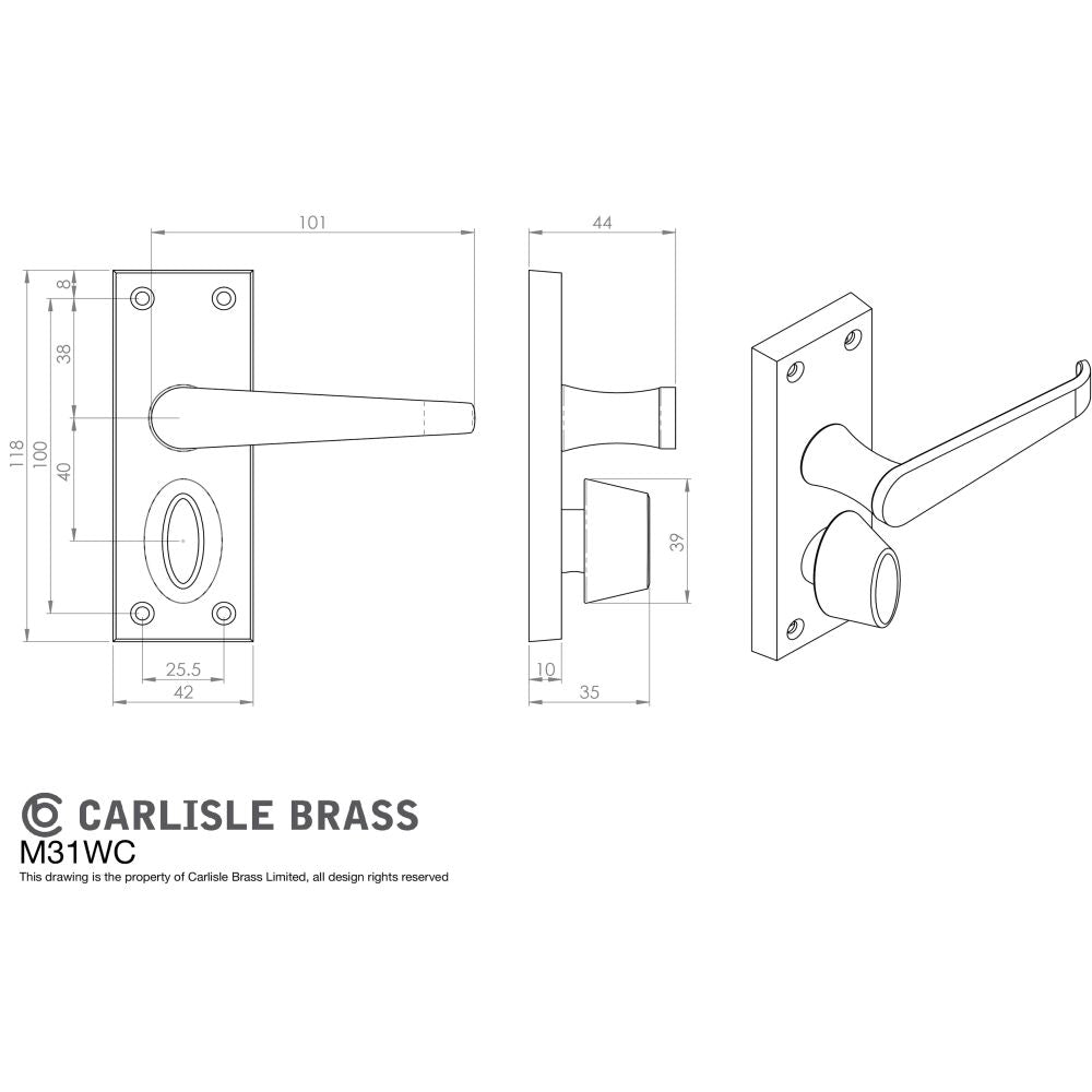 This image is a line drwaing of a Carlisle Brass - Victorian Lever on Privacy Backplate - Polished Brass available to order from Trade Door Handles in Kendal