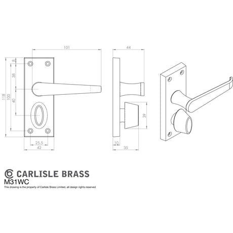 This image is a line drwaing of a Carlisle Brass - Victorian Lever on Privacy Backplate - Polished Brass available to order from Trade Door Handles in Kendal