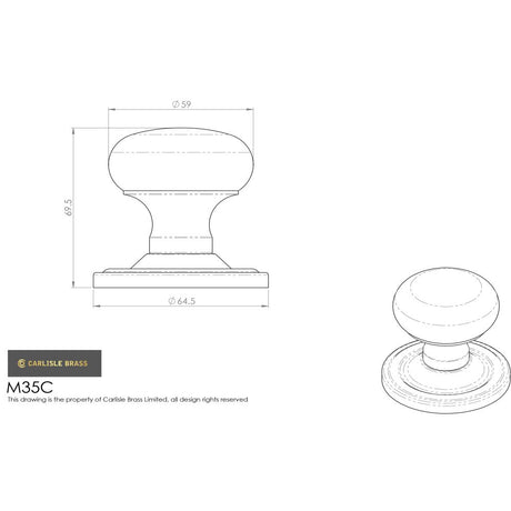 This image is a line drwaing of a Carlisle Brass - Concealed Fix Mushroom Mortice Knob - Matt Black available to order from Trade Door Handles in Kendal