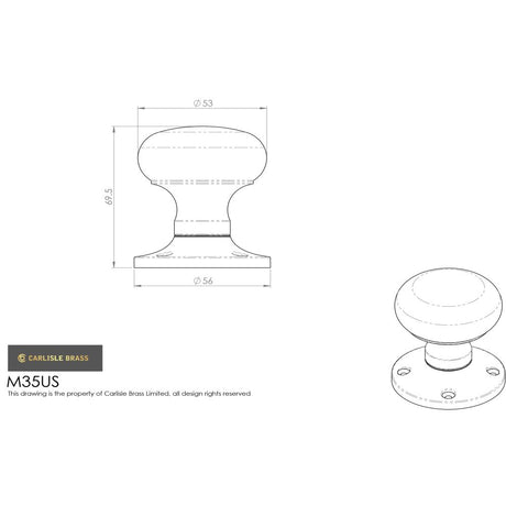 This image is a line drwaing of a Carlisle Brass - Mushroom Mortice Knob (Unsprung) - Polished Chrome available to order from Trade Door Handles in Kendal