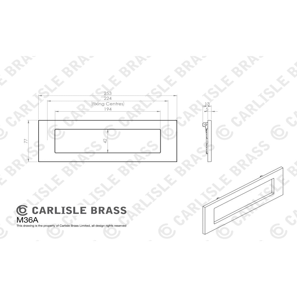 This image is a line drwaing of a Carlisle Brass - Plain Letter Plate 253 x 77mm - Polished Brass available to order from Trade Door Handles in Kendal