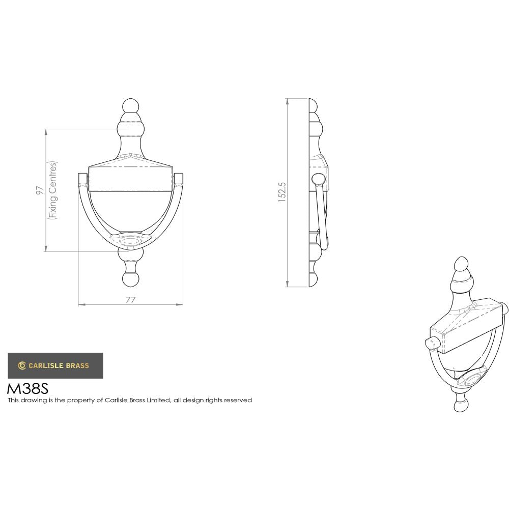 This image is a line drwaing of a Carlisle Brass - Victorian Urn Door Knocker 152mm - Polished Brass available to order from Trade Door Handles in Kendal