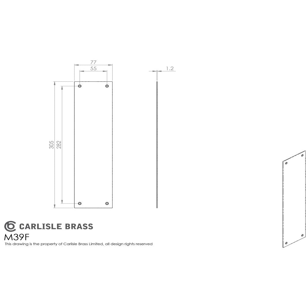 This image is a line drwaing of a Carlisle Brass - Finger Plate Flat Sheet 304 x 77mm - Polished Brass available to order from Trade Door Handles in Kendal