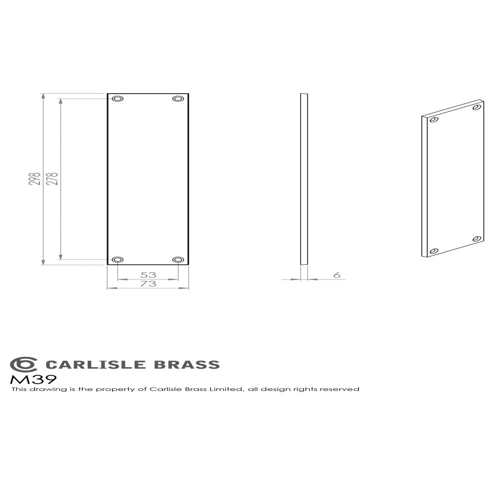 This image is a line drwaing of a Carlisle Brass - Plain Finger Plate 295 x 73mm - Polished Chrome available to order from Trade Door Handles in Kendal