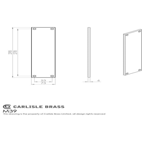 This image is a line drwaing of a Carlisle Brass - Plain Finger Plate 295 x 73mm - Polished Chrome available to order from Trade Door Handles in Kendal