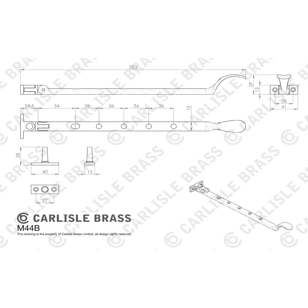 This image is a line drwaing of a Carlisle Brass - Victorian Casement Stay 305mm - Polished Chrome available to order from Trade Door Handles in Kendal