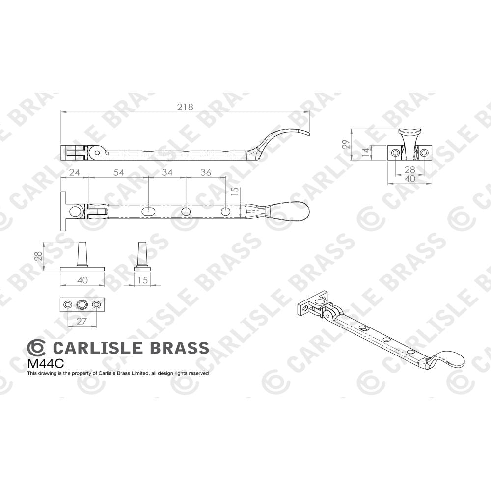 This image is a line drwaing of a Carlisle Brass - Victorian Casement Stay 202mm - Polished Brass available to order from Trade Door Handles in Kendal