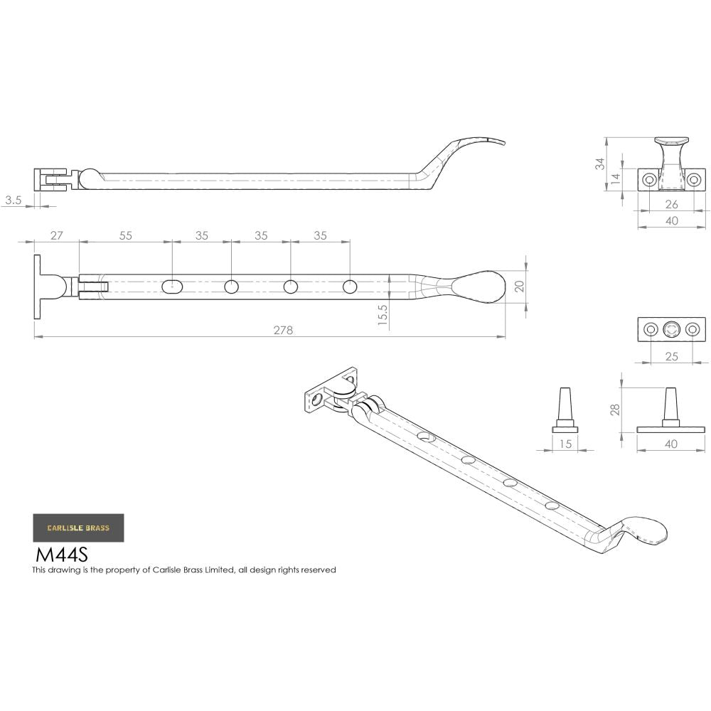 This image is a line drwaing of a Carlisle Brass - Victorian Casement Stay 254mm Satin Nickel - Satin Nickel available to order from Trade Door Handles in Kendal