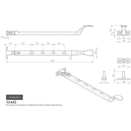 This image is a line drwaing of a Carlisle Brass - Victorian Casement Stay 254mm - Polished Brass available to order from Trade Door Handles in Kendal