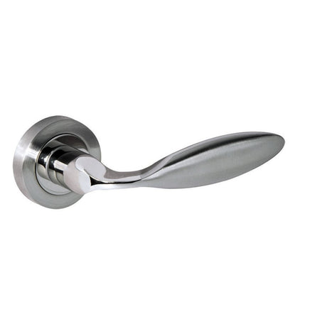 High quality image of Mediterranean Ibiza Lever on Round Rose - Satin Nickel/Polished Nickel | Sku. m46snnp | available to order from Trade Door Handles in Kendal.