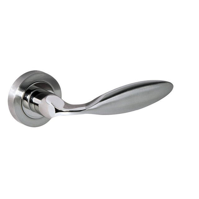High quality image of Mediterranean Ibiza Lever on Round Rose - Satin Nickel/Polished Nickel | Sku. m46snnp | available to order from Trade Door Handles in Kendal.