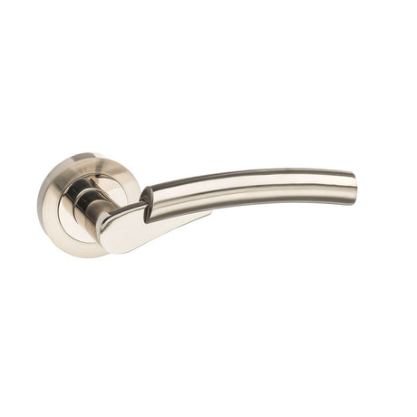 High quality image of Mediterranean Messina Lever on Round Rose - Satin Nickel/Polished Nickel | Sku. m53snnp | available to order from Trade Door Handles in Kendal.