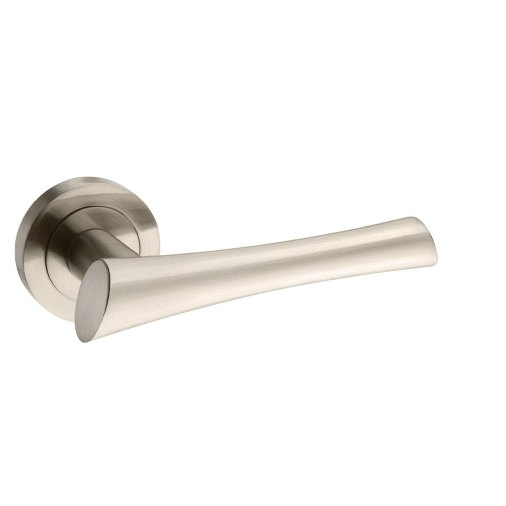 High quality image of Mediterranean Corsica Lever on Round Rose - Satin Nickel | Sku. m60sn | available to order from Trade Door Handles in Kendal.