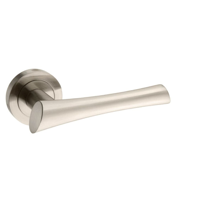 High quality image of Mediterranean Corsica Lever on Round Rose - Satin Nickel | Sku. m60sn | available to order from Trade Door Handles in Kendal.