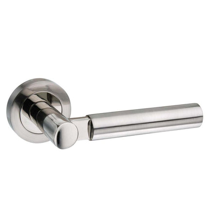 High quality image of Mediterranean Palermo Lever on Round Rose - Satin Nickel/Polished Nickel | Sku. m63snnp | available to order from Trade Door Handles in Kendal.
