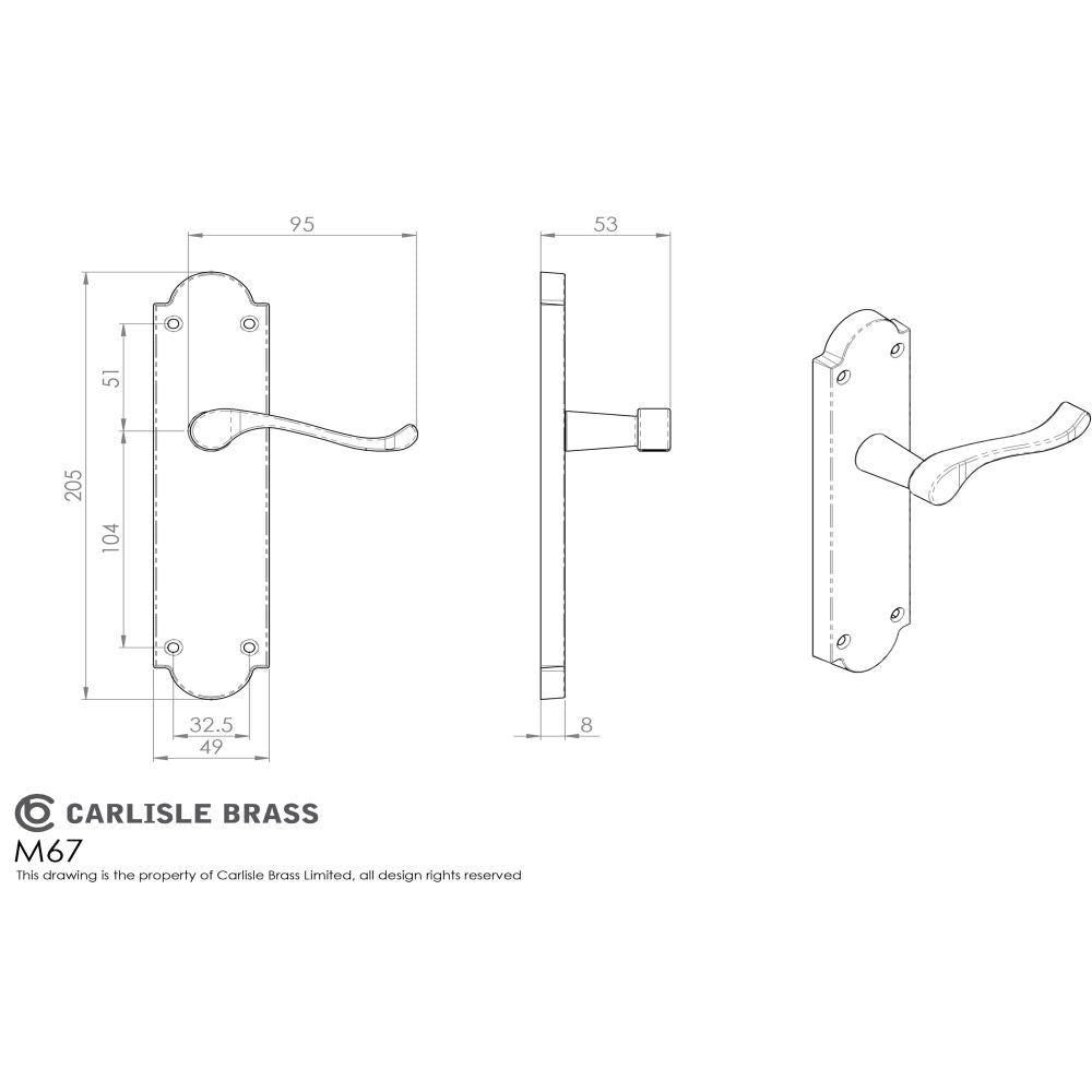 This image is a line drwaing of a Carlisle Brass - Victorian Scroll Lever on Shaped Latch Backplate - Satin Chrome available to order from Trade Door Handles in Kendal