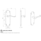 This image is a line drwaing of a Carlisle Brass - Victorian Scroll Lever on Shaped Latch Backplate - Satin Chrome available to order from Trade Door Handles in Kendal