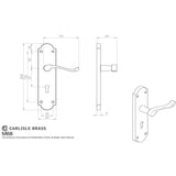 This image is a line drwaing of a Carlisle Brass - Victorian Scroll Lever on Shaped Lock Backplate - Satin Chrome available to order from Trade Door Handles in Kendal