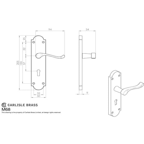 This image is a line drwaing of a Carlisle Brass - Victorian Scroll Lever on Shaped Lock Backplate - Satin Chrome available to order from Trade Door Handles in Kendal