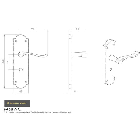 This image is a line drwaing of a Carlisle Brass - Victorian Scroll Lever on Shaped WC Backplate - Polished Brass available to order from Trade Door Handles in Kendal