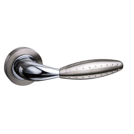 High quality image of Mediterranean Oran Lever on Round Rose - Satin Nickel/Polished Chrome | Sku. m73sncp | available to order from Trade Door Handles in Kendal.