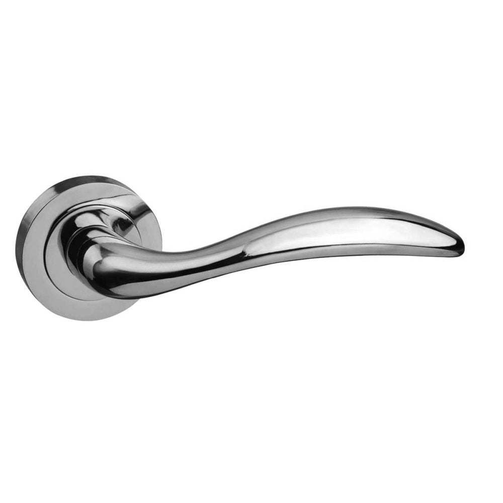 High quality image of Mediterranean Ancon Lever on Round Rose - Polished Chrome | Sku. m77cp | available to order from Trade Door Handles in Kendal.