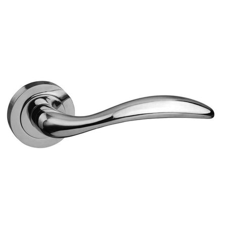High quality image of Mediterranean Ancon Lever on Round Rose - Polished Chrome | Sku. m77cp | available to order from Trade Door Handles in Kendal.