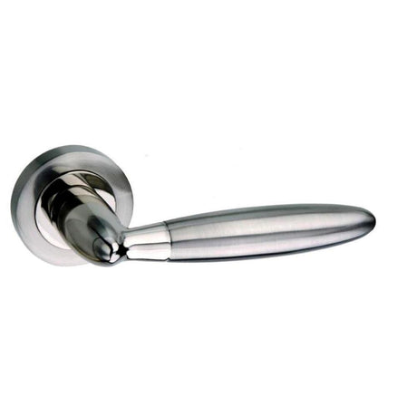 High quality image of Mediterranean Gibraltar Lever on Round Rose - Satin Nickel/Polished Nickel | Sku. m83snnp | available to order from Trade Door Handles in Kendal.