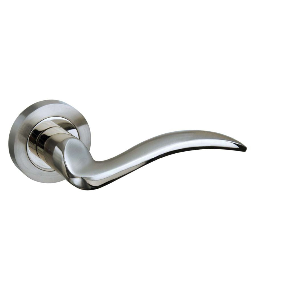 High quality image of Mediterranean Valencia Lever on Round Rose - Satin Nickel/Polished Nickel | Sku. m85snnp | available to order from Trade Door Handles in Kendal.