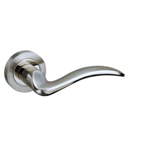High quality image of Mediterranean Valencia Lever on Round Rose - Satin Nickel/Polished Nickel | Sku. m85snnp | available to order from Trade Door Handles in Kendal.