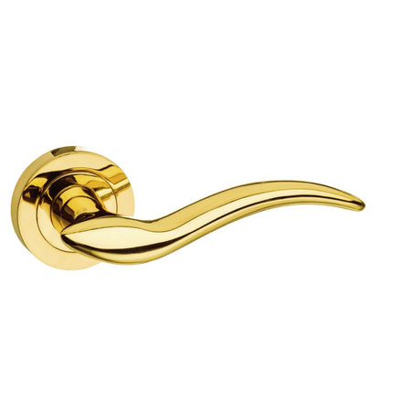 This is an image of Mediterranean Barcelona Lever on Round Rose - Polished Brass available to order from Trade Door Handles.