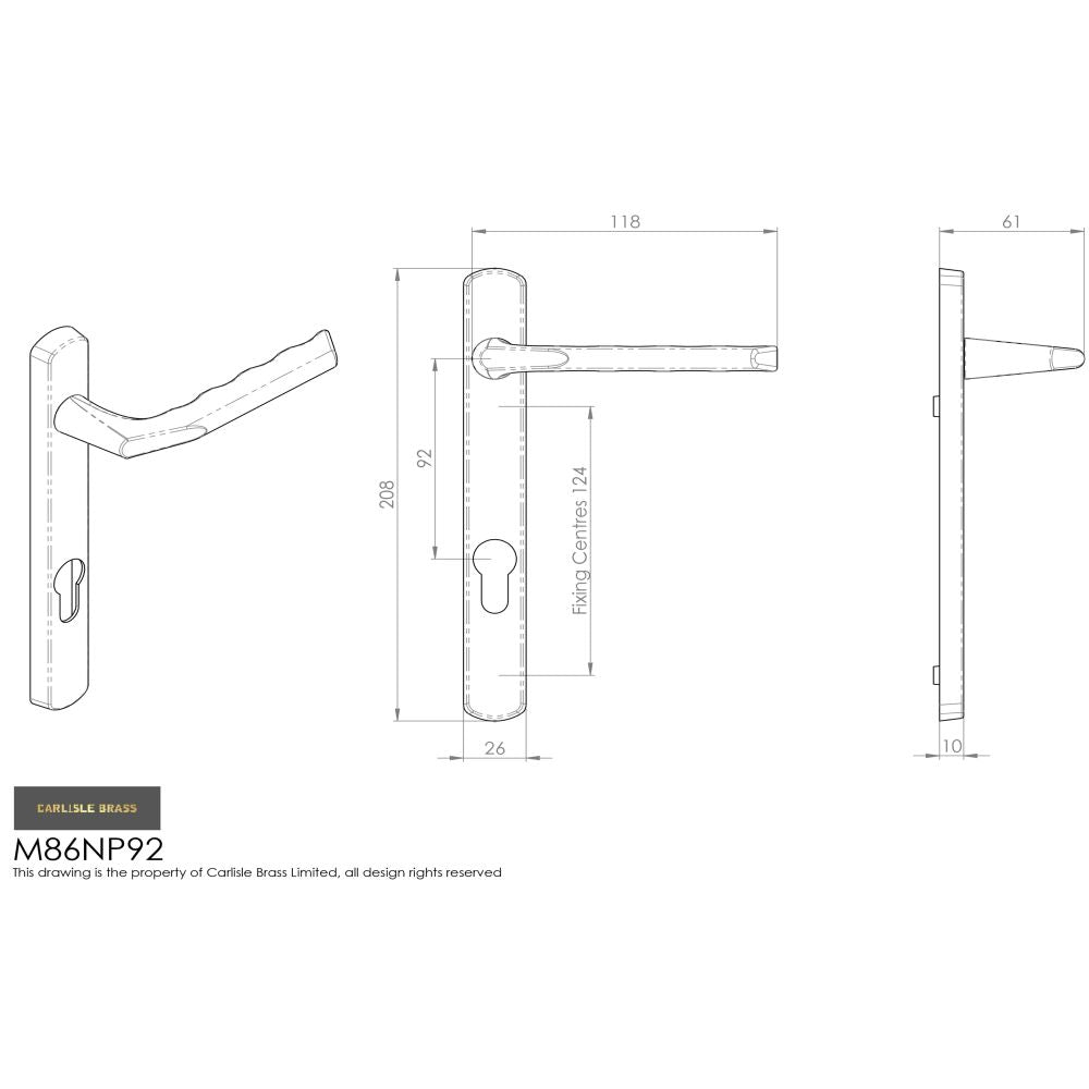 This image is a line drwaing of a Carlisle Brass - Narrow Plate with Straight Lever 92mm c/c - Polished Brass available to order from Trade Door Handles in Kendal