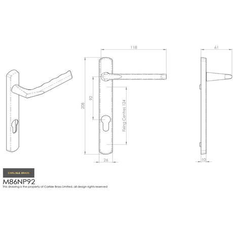 This image is a line drwaing of a Carlisle Brass - Narrow Plate with Straight Lever 92mm c/c - Polished Brass available to order from Trade Door Handles in Kendal