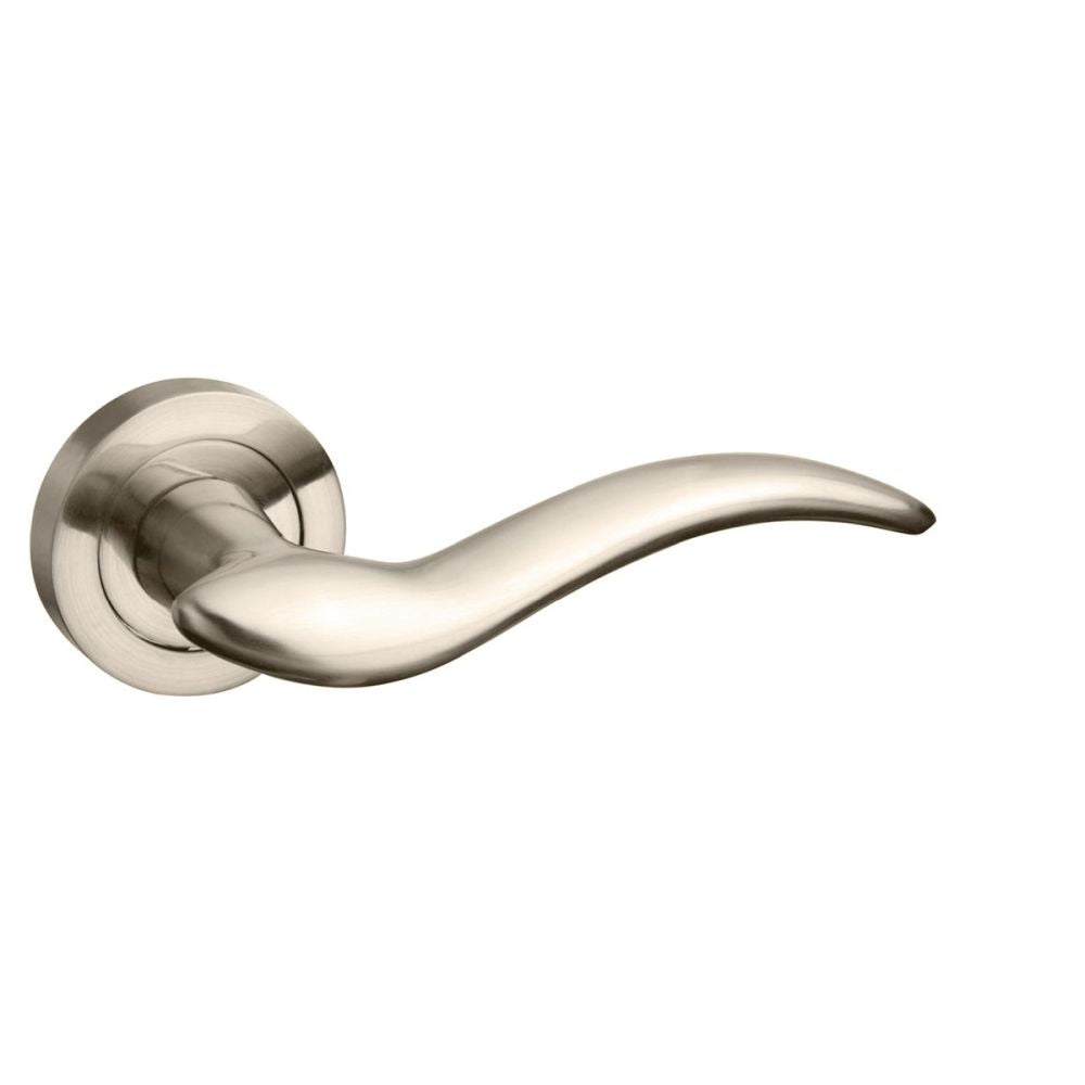 High quality image of Mediterranean Barcelona Lever on Round Rose - Satin Nickel | Sku. m86sn | available to order from Trade Door Handles in Kendal.