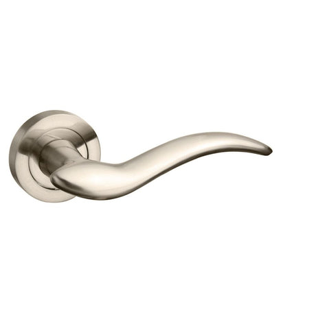High quality image of Mediterranean Barcelona Lever on Round Rose - Satin Nickel | Sku. m86sn | available to order from Trade Door Handles in Kendal.
