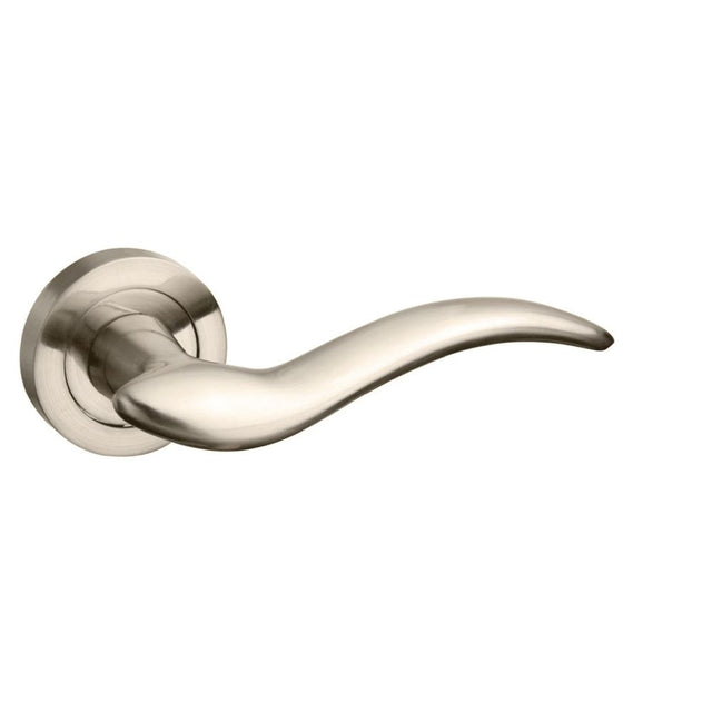 High quality image of Mediterranean Barcelona Lever on Round Rose - Satin Nickel | Sku. m86sn | available to order from Trade Door Handles in Kendal.