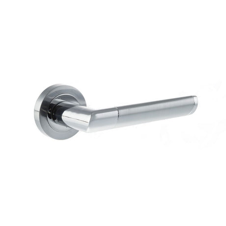 This is an image of Mediterranean Santorini Lever on Round Rose - Satin Chrome/Polished Chrome available to order from Trade Door Handles.