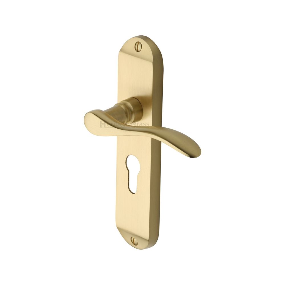 This is an image of a Heritage Brass - Door Handle for Euro Profile Plate Maya Design Satin Brass Finis, may7648-sb that is available to order from Trade Door Handles in Kendal.