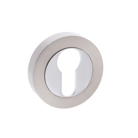 This is an image of Mediterranean Euro Escutcheon on Round Rose - Satin Nickel/Polished Chrome available to order from Trade Door Handles.