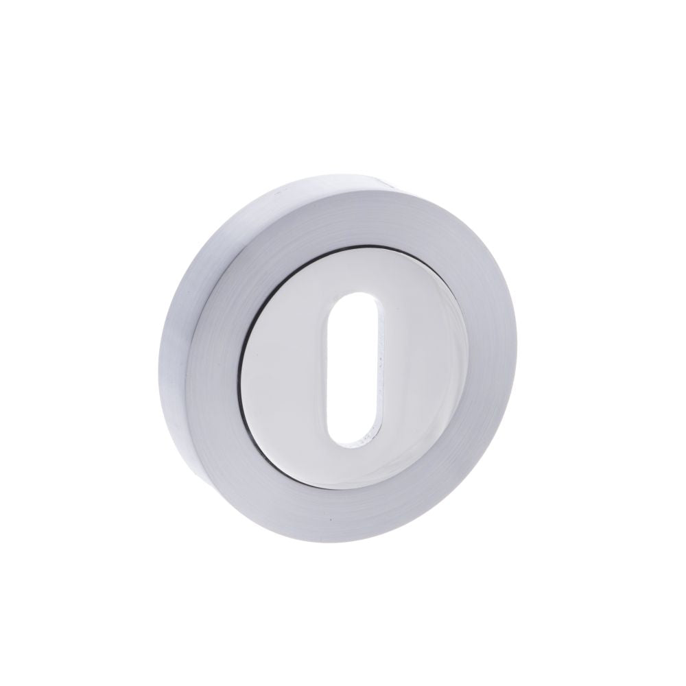 This is an image of Mediterranean Key Escutcheon on Round Rose - Satin Chrome/Polished Chrome available to order from Trade Door Handles.