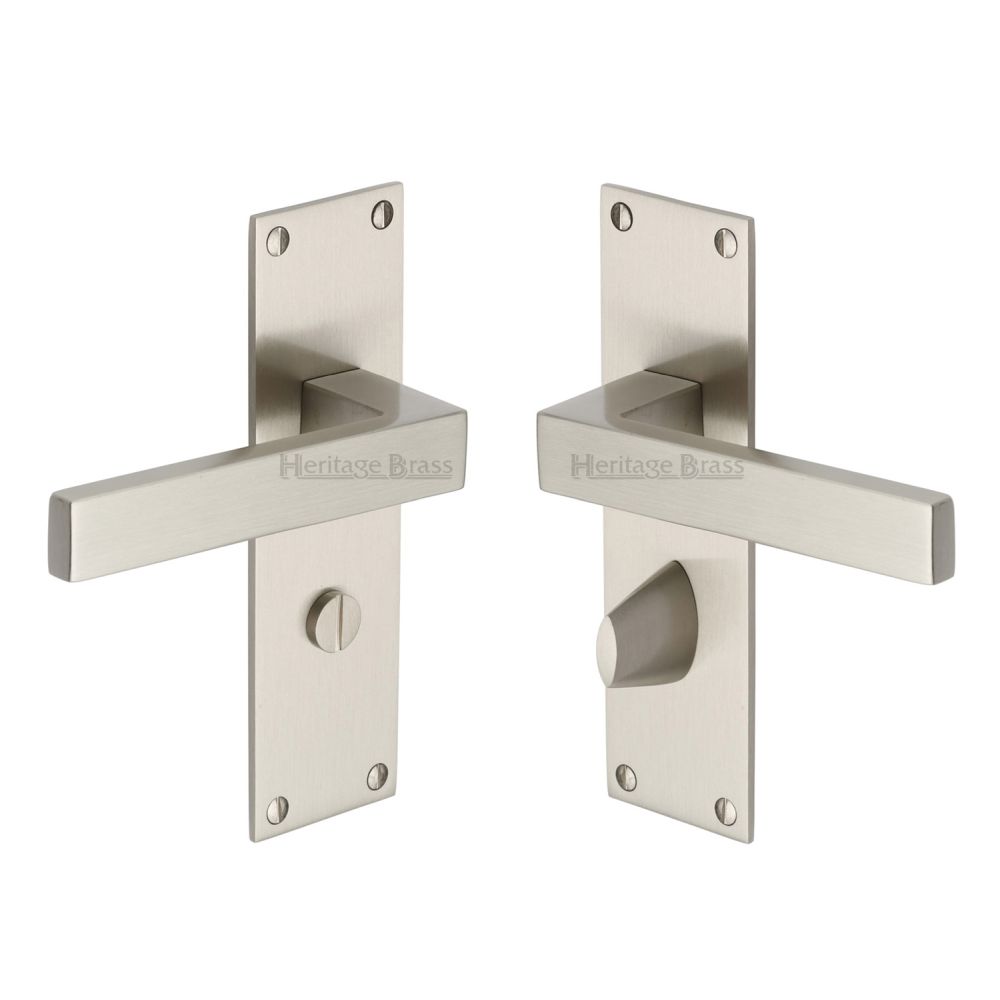 This is an image of a Heritage Brass - Door Handle for Bathroom Metro Design Satin Nickel Finish, met4930-sn that is available to order from Trade Door Handles in Kendal.