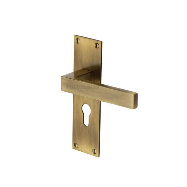 This is an image of a Heritage Brass - Door Handle for Euro Profile Plate Metro Design Antique Brass Fini, met4948-at that is available to order from Trade Door Handles in Kendal.