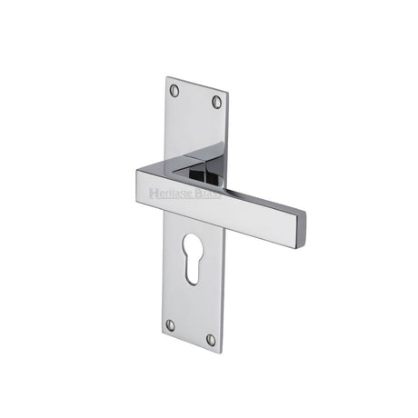 This is an image of a Heritage Brass - Door Handle for Euro Profile Plate Metro Design Polished Chrome Fin, met4948-pc that is available to order from Trade Door Handles in Kendal.