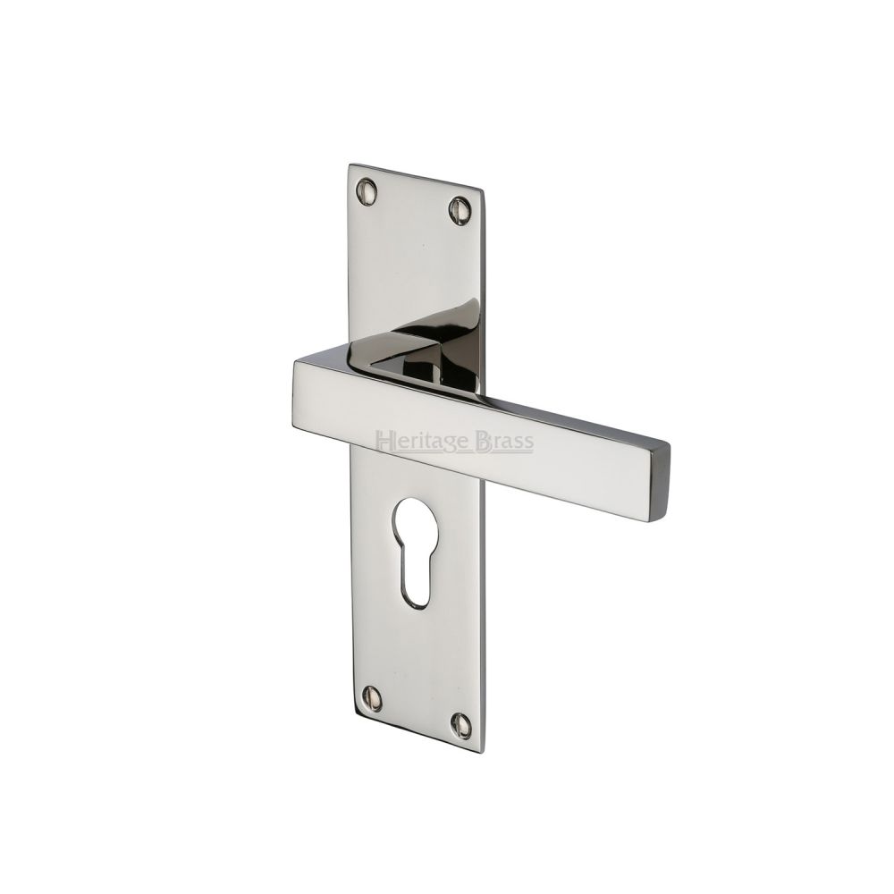 This is an image of a Heritage Brass - Door Handle for Euro Profile Plate Metro Design Polished Nickel Fin, met4948-pnf that is available to order from Trade Door Handles in Kendal.