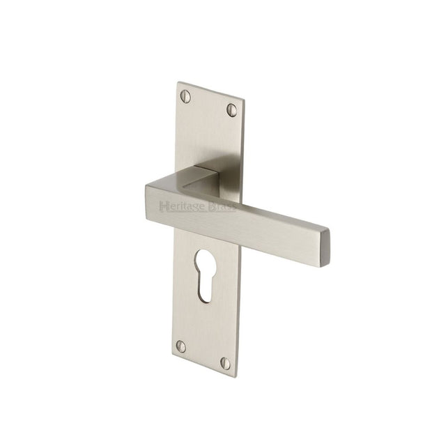 This is an image of a Heritage Brass - Door Handle for Euro Profile Plate Metro Design Satin Nickel Fin, met4948-sn that is available to order from Trade Door Handles in Kendal.