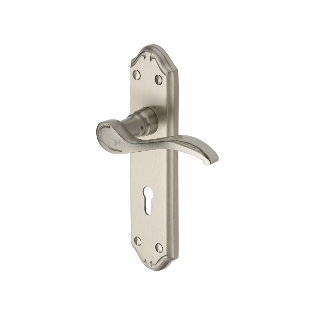 This is an image of a Heritage Brass - Door Handle Lever Lock Verona Small Design Satin Nickel Finish, mm624-sn that is available to order from Trade Door Handles in Kendal.