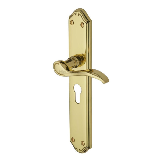 This is an image of a Heritage Brass - Door Handle for Euro Profile Plate Verona Design Polished Brass Fin, mm825-pb that is available to order from Trade Door Handles in Kendal.